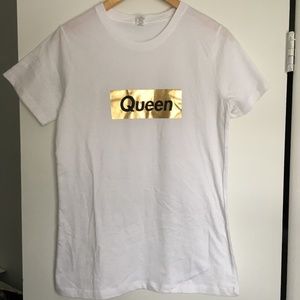 Queen white tshirt gold with black lettering